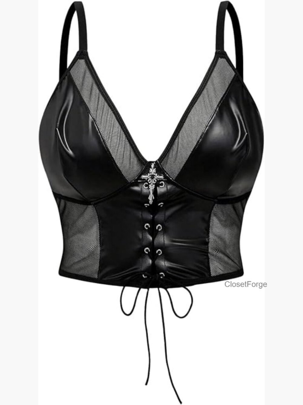 Plus Size PU Leather Lace Up Sheer Mesh Corset Bustier Crop Top